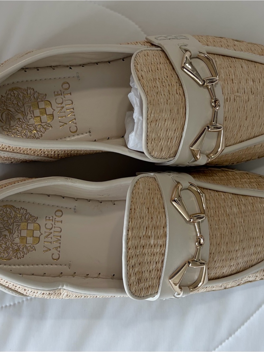 Vince Camuto Cream Raffia Loafers with Gold Horsebit
